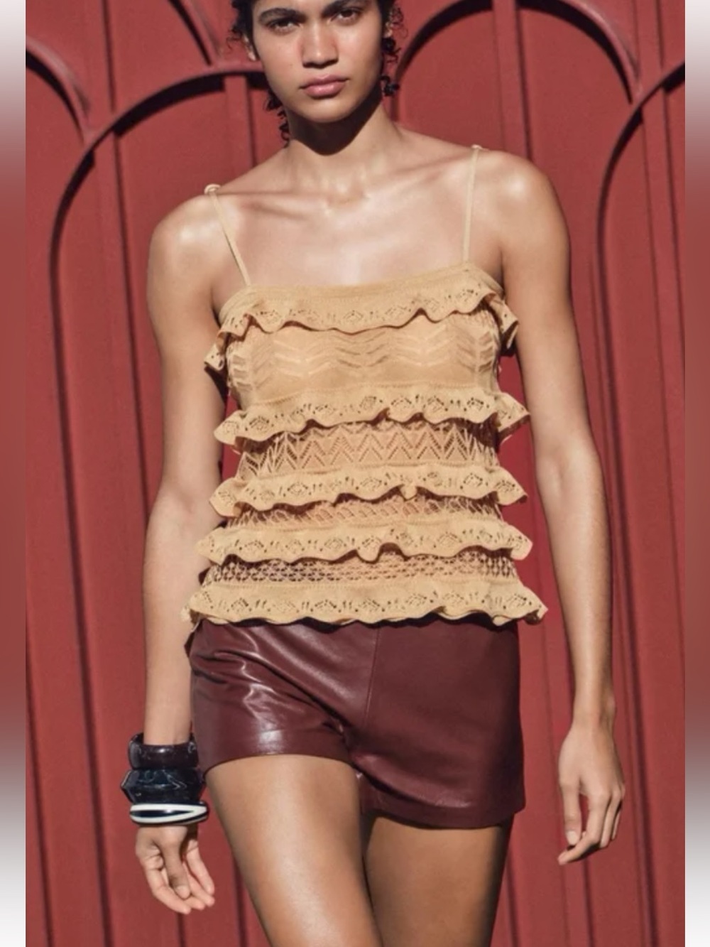 Zara brown mustard Tiered Ruffle Eyelet Cami Top - Tan med